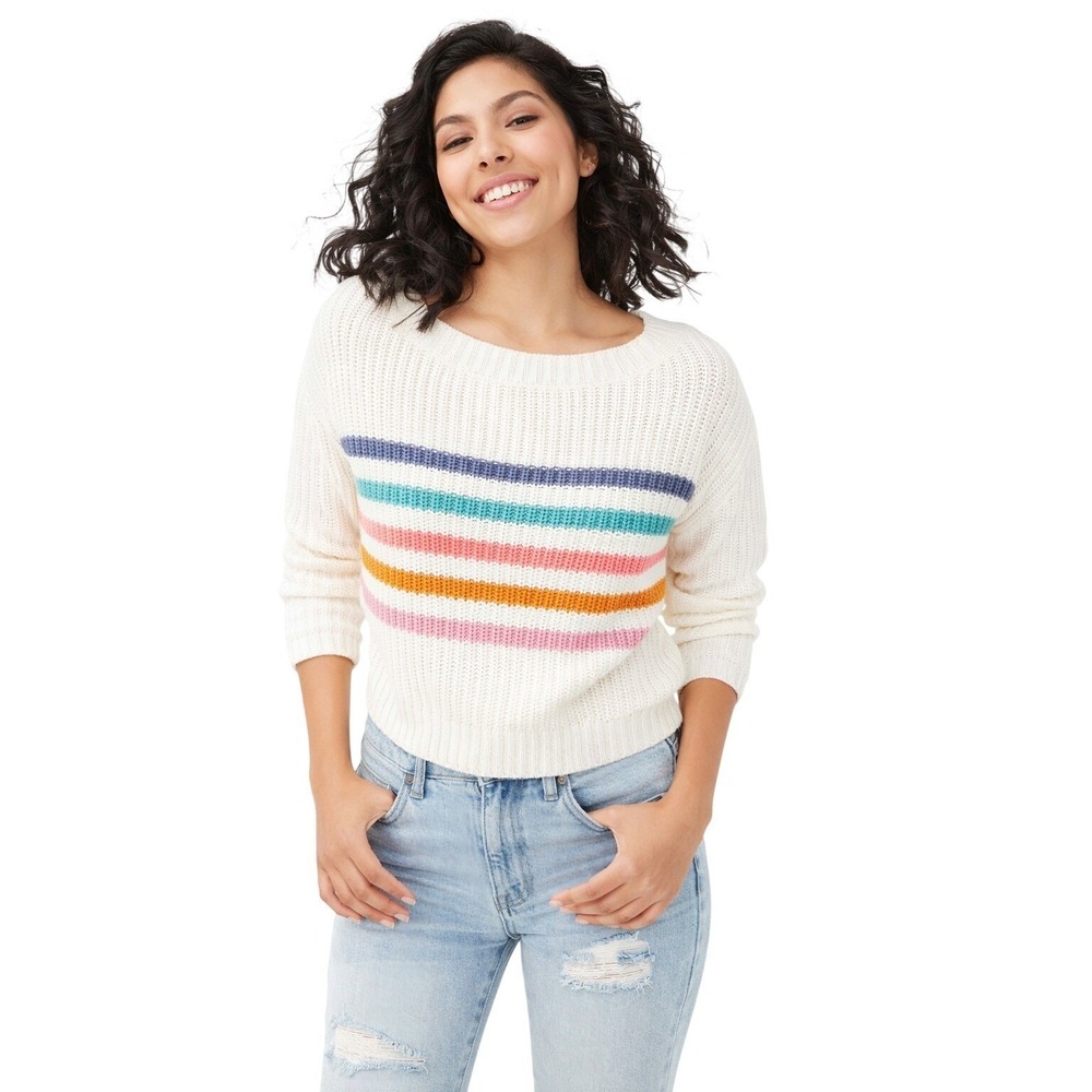 Aeropostale Cream Striped Crew Neck Long Sleeve Sweater Women's M Dopamine